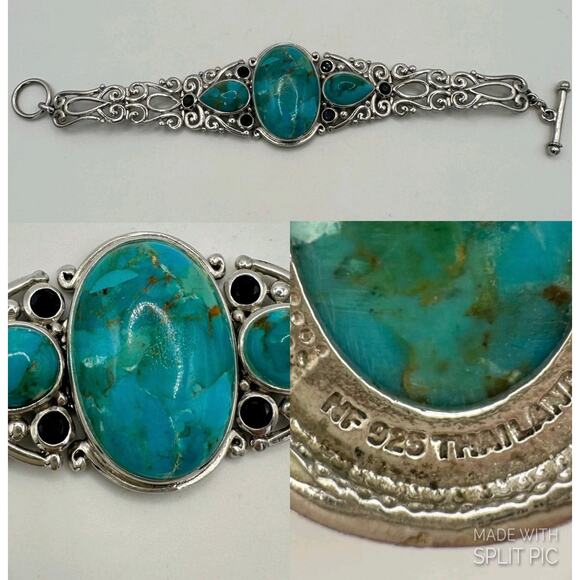 NF Thailand 925 sterling silver turquoise cabochons black rhinestones bracelet